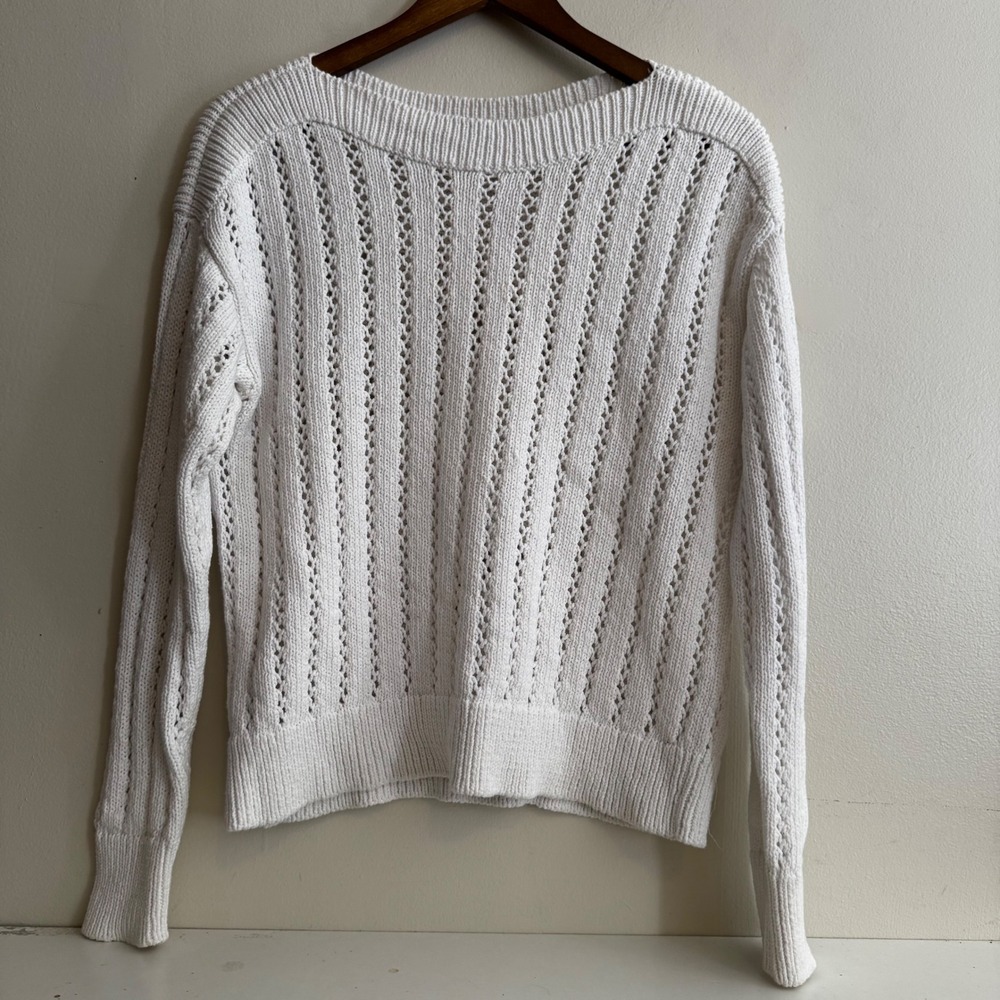 LOFT Women's M White Knit Crew Neck Sweater 100% Cotton Fisherman Fall Staples